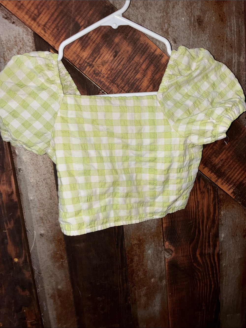 GB girls Lime Green Gingham Puff-Sleeve Crop Top